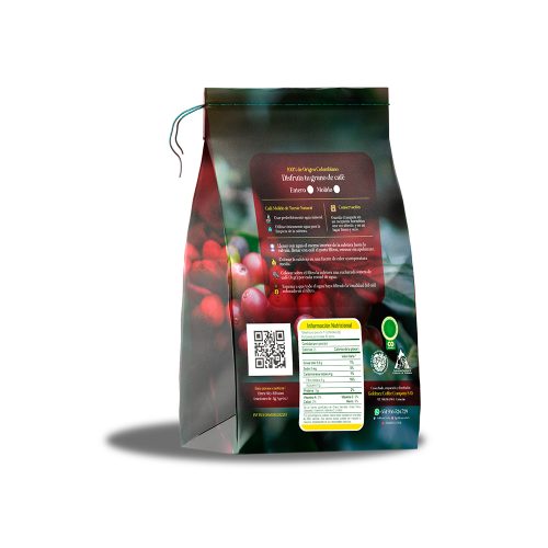 Vista trasera del empaque de café lavado de 250 gramos de Goldmez, mostrando la información del producto.