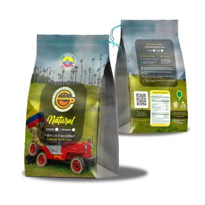 "Empaque de café natural de 250 gramos de Goldmez, mostrando vista frontal y trasera del diseño del producto."