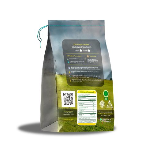 "Vista trasera del empaque de café natural de 250 gramos de Goldmez, mostrando la información del producto."