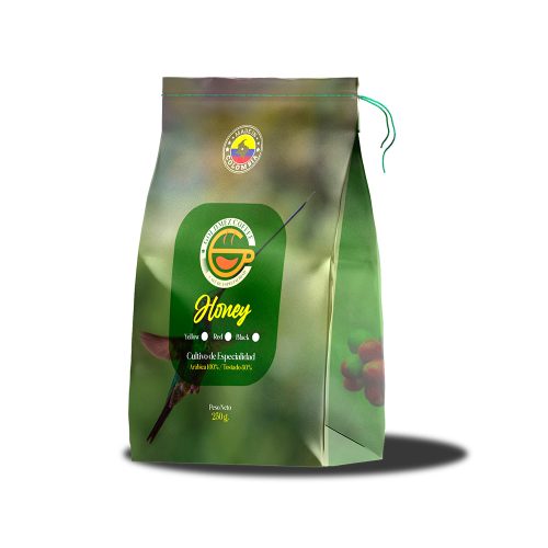 "Empaque de café honey de 250 gramos de Goldmez, mostrando su diseño elegante y detalles del producto."