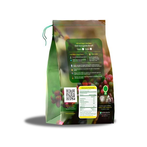 "Vista trasera del empaque de café honey de 250 gramos de Goldmez, mostrando la información del producto."