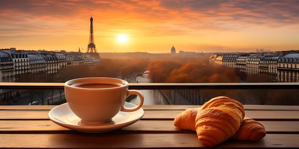 morning paris with coffee croissant eiffel tower view from hotel concept travel photography paris morning coffee croissant eiffel tower view hotel view